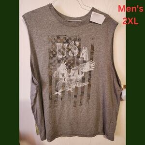 Men's Gray Sleeveless Muscle Shirt USA 76 Home Of The Brave Eagle Camo Flag